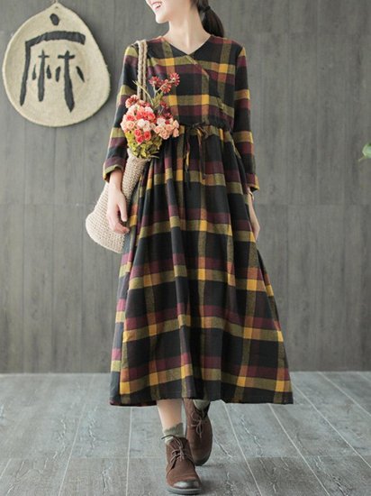 Multi-color Plaid Print Drawstring Waist Vintage Dress - Click Image to Close