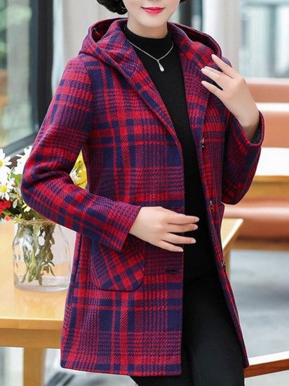 Plaid Single Breasted Woolen Blend Hooded Coat - Click Image to Close