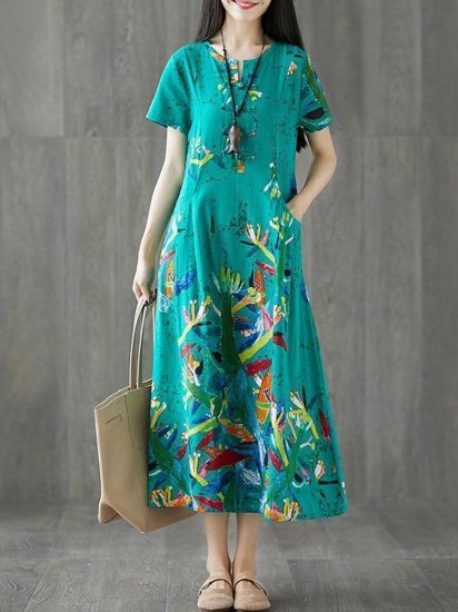 Frog Button Print Short Sleeve O-neck Vintage Dresses - Click Image to Close