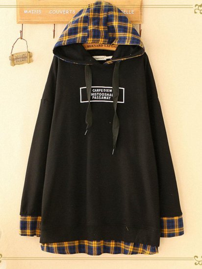 Letter Plaid Print Patchwork Hooded Casual Hoodies - Click Image to Close