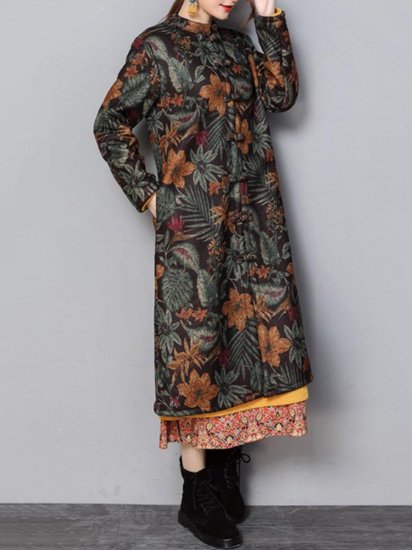 Floral Print Frog Button Long Sleeve Vintage Coats - Click Image to Close