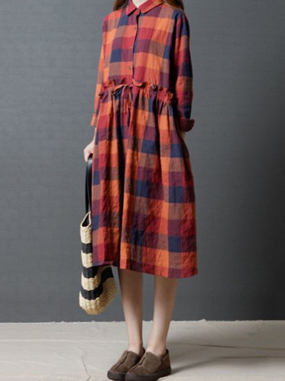 Vintage Women Plaid Drawstring Long Sleeve Shirt Dresses - Click Image to Close