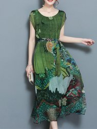 Women Vintage Printed Short Sleeve Mid-Long Dresses