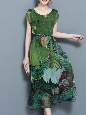 Women Vintage Printed Short Sleeve Mid-Long Dresses