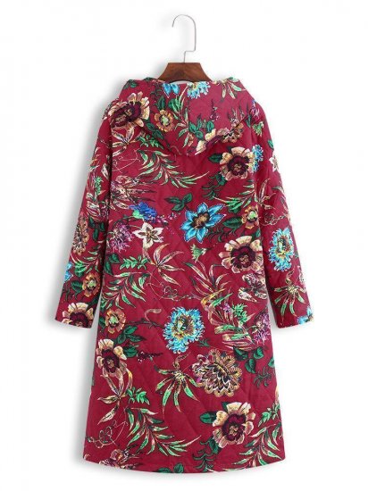 Vintage Hooded Floral Print Long Sleeve Coat - Click Image to Close