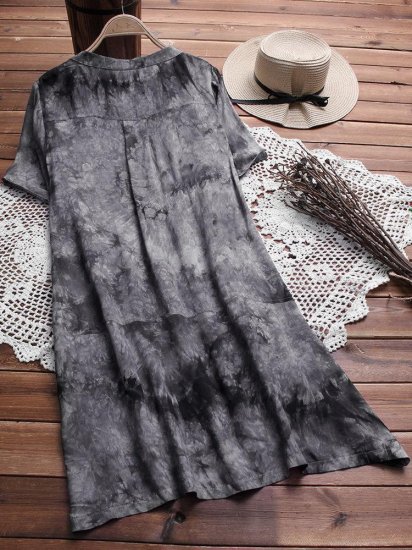 Printed V-neck Side Pocket Mid-Long Vintage Shirts - Click Image to Close