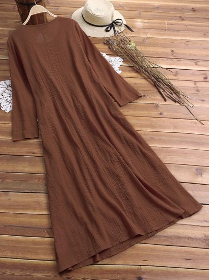 Pleated Solid Color Long Sleeve O-neck Vintage Dresses - Click Image to Close