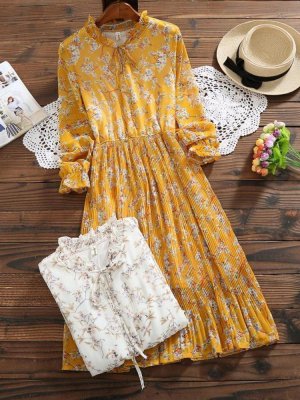 Bandage Floral Print Pleated Long Sleeve Vintage Dresses