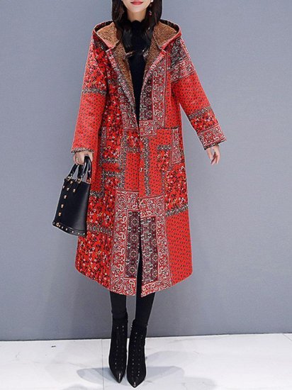 Hooded Floral Ethnic Print Long Sleeve Vintage Coat - Click Image to Close