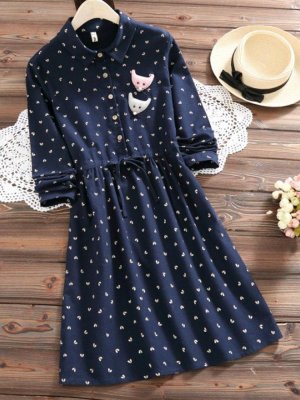 Women Printed Drawstring Long Sleeve Vintage Dresses