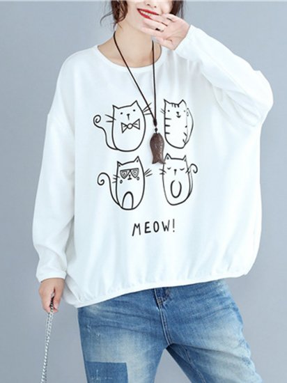 Women Cats Printed Long Sleeve Casual Sweatshirts - Click Image to Close