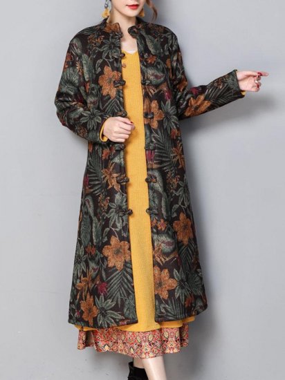 Floral Print Frog Button Long Sleeve Vintage Coats - Click Image to Close