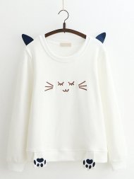 Women Cat Printed O-Neck Long Sleeve Pullover Sweatshirts