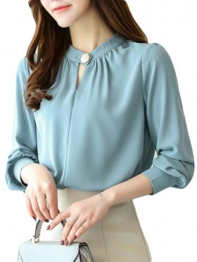 Casual Chiffon O-Neck Solid Color Office Shirt