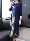 Floral Leaves Print Patchwork Splited 3/4 Sleeve Elegant Dresses