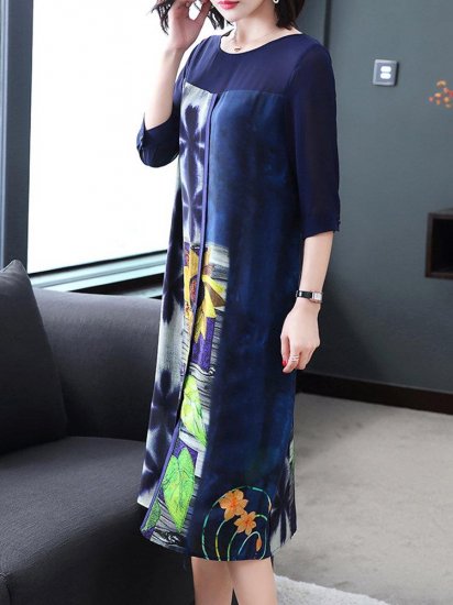 Floral Leaves Print Patchwork Splited 3/4 Sleeve Elegant Dresses - Click Image to Close