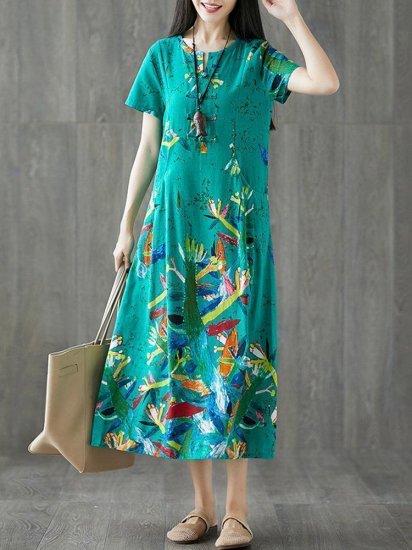 Frog Button Print Short Sleeve O-neck Vintage Dresses - Click Image to Close