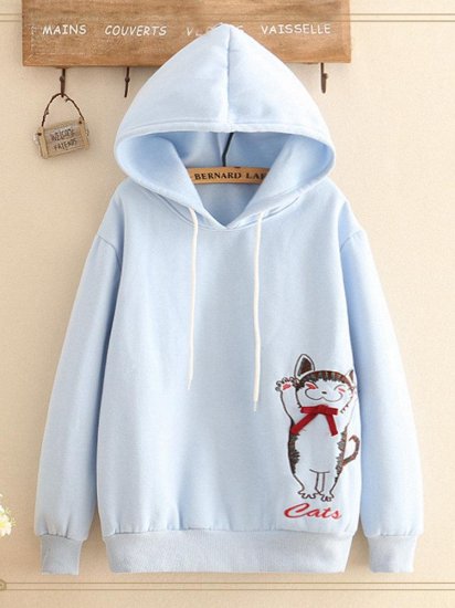 Cat Embroidered Hooded Casual Long Sleeve Sweatshirt - Click Image to Close