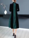 Velvet Contrast Color Patchwork Stripe Long Sleeve Vintage Dress