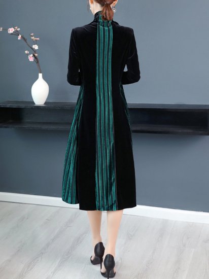 Velvet Contrast Color Patchwork Stripe Long Sleeve Vintage Dress - Click Image to Close