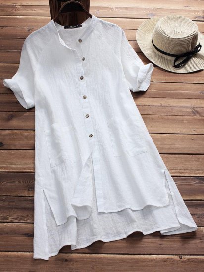 Vintage Pure Color Irregular Hem Short Sleeve Women Blouses - Click Image to Close