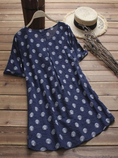 Polka Dot Print Pleated Short Sleeve O-neck Vintage Blouses - Click Image to Close