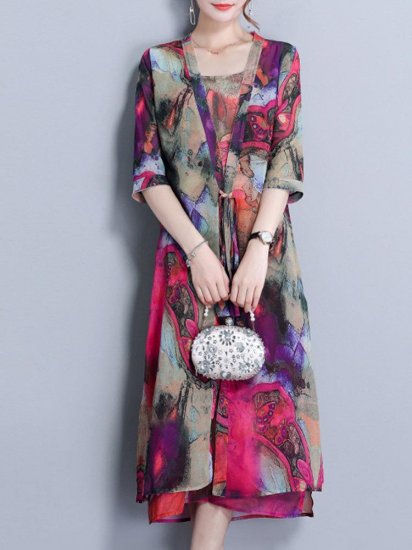 Elegant Print Spaghetti Strap Two Pieces Vintage Dresses - Click Image to Close