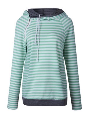 Casual Stripe Patchwork Side Zipper Hooded Women Hoodies