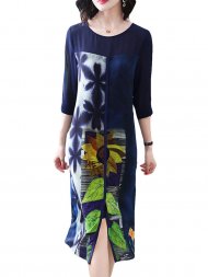 Floral Leaves Print Patchwork Splited 3/4 Sleeve Elegant Dresses