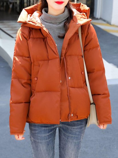 Short Solid Color Hooded Quilted Coat - Click Image to Close