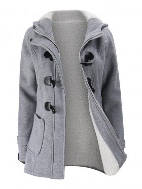 Women Horn Buttons Long Sleeve Hooded Thicken Coat