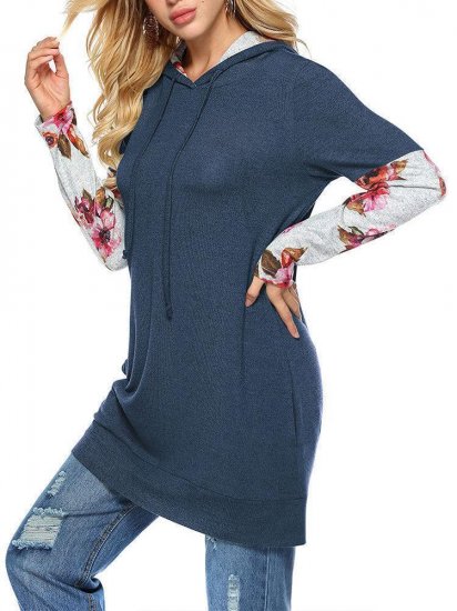 Floral Patchwork Loose Long Hooded Sweatshirt - Click Image to Close