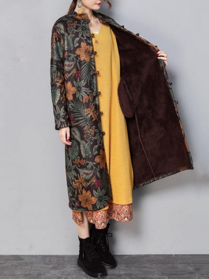 Floral Print Frog Button Long Sleeve Vintage Coats - Click Image to Close