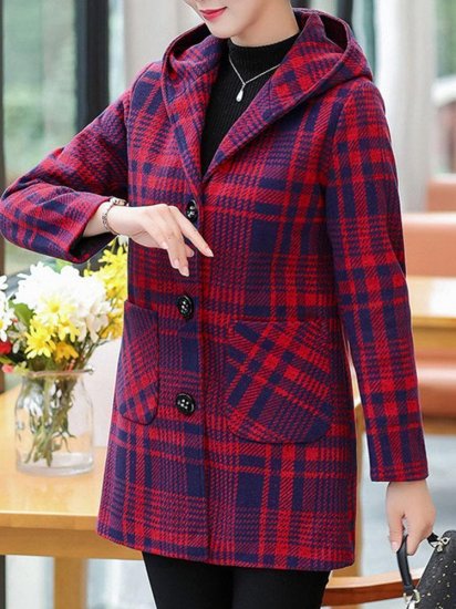 Plaid Single Breasted Woolen Blend Hooded Coat - Click Image to Close