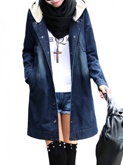 Denim Patchwork Hooded Long Sleeve Coat - Click Image to Close