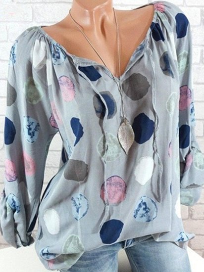 Women Polka Dots V-neck Long Sleeve Shirts - Click Image to Close