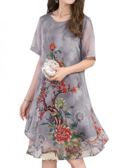 Vintage Printed O-neck Two Layers Chiffon Dresses - Click Image to Close