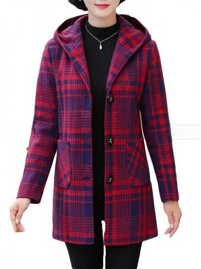 Plaid Single Breasted Woolen Blend Hooded Coat - Click Image to Close