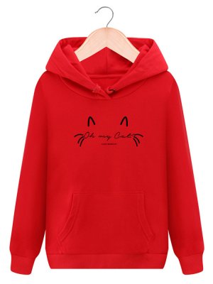 Women Cat Printed Hooded Long Sleeve Pocket Casual Sweatshirts