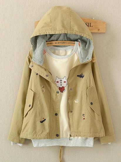 Hooded Cartoon Embroidered Long Sleeve Casual Coat - Click Image to Close