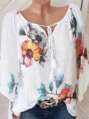 Print Long Sleeve Drawstring V Neck Blouse