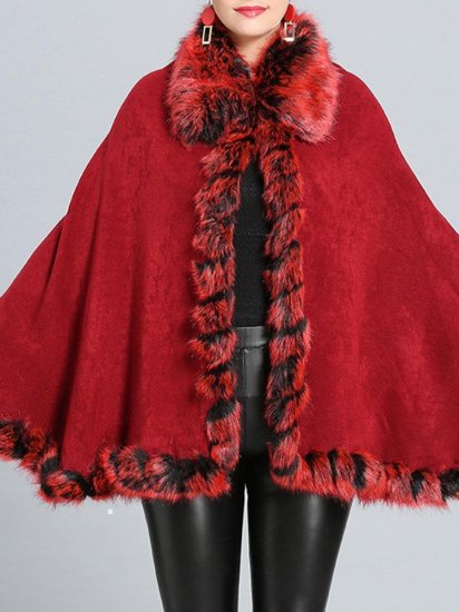 Faux Fox Fur Collar Knit Shawl Autumn Winter Outerwear Coat - Click Image to Close