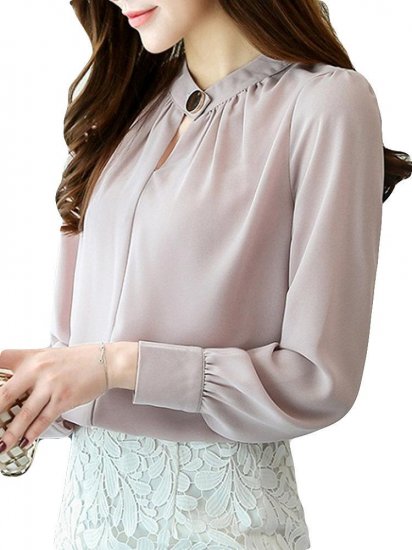 Casual Chiffon O-Neck Solid Color Office Shirt - Click Image to Close