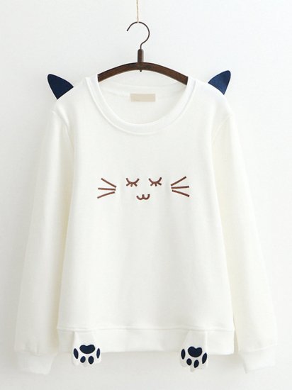 Women Cat Printed O-Neck Long Sleeve Pullover Sweatshirts - Click Image to Close