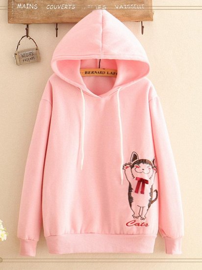 Cat Embroidered Hooded Casual Long Sleeve Sweatshirt - Click Image to Close