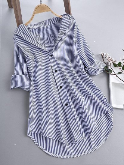 Stripe Long Sleeve Turn-down Collar Loose Shirts - Click Image to Close