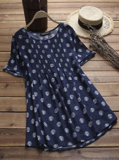 Polka Dot Print Pleated Short Sleeve O-neck Vintage Blouses - Click Image to Close