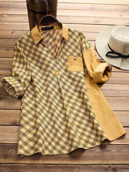 Plaid Print Patchwork Long Sleeve Lapel Casual Shirts - Click Image to Close