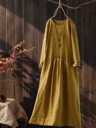 Pleated Solid Color Long Sleeve O-neck Vintage Dresses