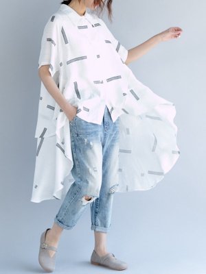 Geometric Print Layered Irregular Short Sleeve Casual Shirts